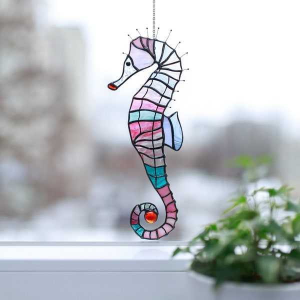 Seahorse coastal decor, Stained glass ocean window hangings, Beach house decor, Mom birthday gift from daughter