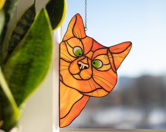 Ginger Stained Glass Peeking Cat Suncatcher, Pet lovers gift, Stained glass window hangings, Cat home decor, Birthday Gift for Mother in Law