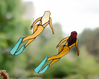 Diving Girl stained glass window Hangings, Beach House Suncatcher, Mothers day gift from daughter, Unique home decor for Parents