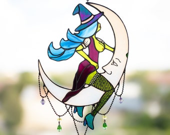 Witch on Moon - Unique Stained Glass Halloween Home Decor - Sun catcher Window Hangings - Witch decor-  Best Romantic Gifts for Her and Him