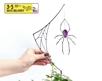 Stain Glass Spider on The Web Garden Stake - Gärtnergeschenk - Großer Topfdekor Sonnenfänger - Spinnennetz-Sonnenfänger - Gartendekoration für den Innenbereich