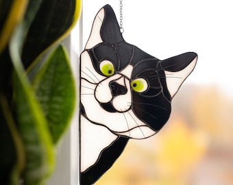 Peeking Cat glass stain window suncatcher art Black cat lover gift Stain glass Cat decor for bedroom Grandma gifts for Mothers Day
