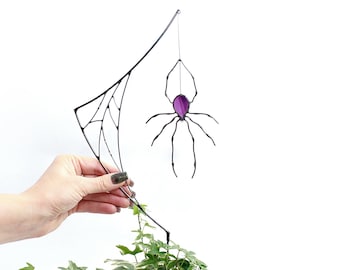 Stain Glass Spider on The Web Garden Stake - Gardener gift - Large Pot Decor Sun Catcher - Spider web suncatcher - Garden decor for indoor