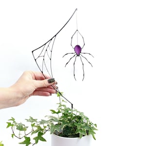 Stain Glass Spider on The Web Garden Stake - Gardener gift - Large Pot Decor Sun Catcher - Spider web suncatcher - Garden decor for indoor