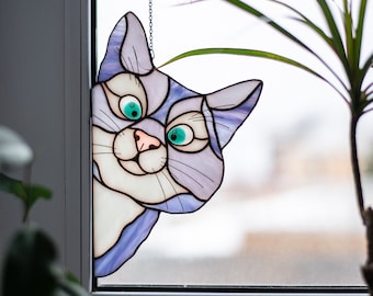 Colorful Stained glass cat, Unique Handmade Peeking Kitty, Majestic Eye-catching Suncatcher, Elegant Vibrant Pet, Special Fathers day Gift