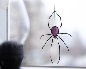 Spider stained glass window hangings, Halloween decor indoor, Unique stained glass suncatcher, Spider gifts for friend