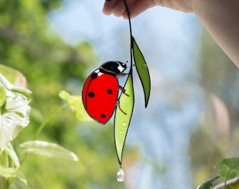 Ladybug Stained Glass - Window Hangings - Mothers day gifts for her - Ladybug suncatcher - Bedroom decor for home