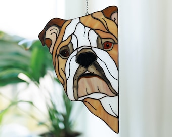 English Bulldog Stained Glass Decor, Personalized Dog Lovers Gift for Mothers Day, Peeking Dog Suncatcher, Bulldog Window Hangings