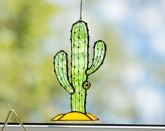Cactus stained glass suncatcher - Stain glass Window hangings for bedroom -  Christmas gifts for her