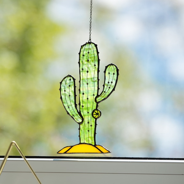 Kaktus-Sonnenfänger aus Buntglas – Fensterbehang aus Buntglas für Schlafzimmer – Weihnachtsgeschenke für Sie