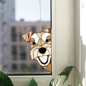 Miniature Schnauzer Dog Suncatcher - Stained Glass Decor for Home - Personalized Dog Lovers Gift for Mom, Peeking Dog Suncatcher