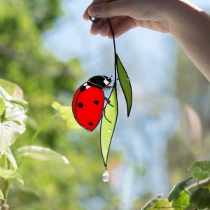 ladybird on two leaves of stained glass in hand against the background of the window. Suncatcher is vertical. ladybug crawls up