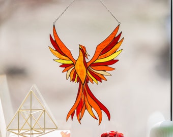 Custom Phoenix Stained Glass Window Hangings, Best mothers day gifts, Red Flame Firebird Window Pendant, Remembrance gifts for mom