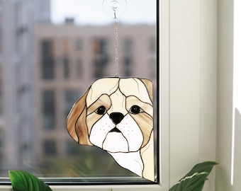 Personalized Shih Tzu Suncatcher, Stained Glass decor for Home, Peeking Dog Window Hangings, Dog Lovers Gift, Pet Portrait from Photo
