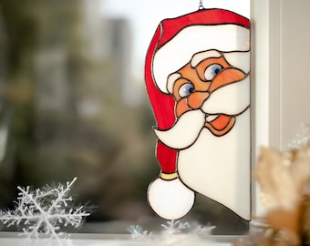 Christmas decor - Peeking Santa suncatcher - Stained glass window hangings - Christmas decorations 2021