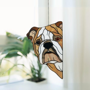 English Bulldog Stained Glass Decor, Dog Lovers Gift for Fathers Day, Peeking Dog Suncatcher, Bulldog Window Hangings, Dog Breeder Gifts