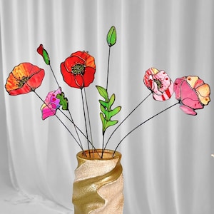 Stained Glass Flower Bouquet, California Poppy Set of 8 Stained Glass Flowers Birthday Gifts Mother in Law, Floral Home Decor, Gift for Her