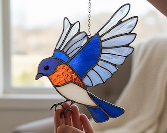 Stained Glass Bluebird, Handmade Gift for Mom, Living Room Decor, Bird suncatcher