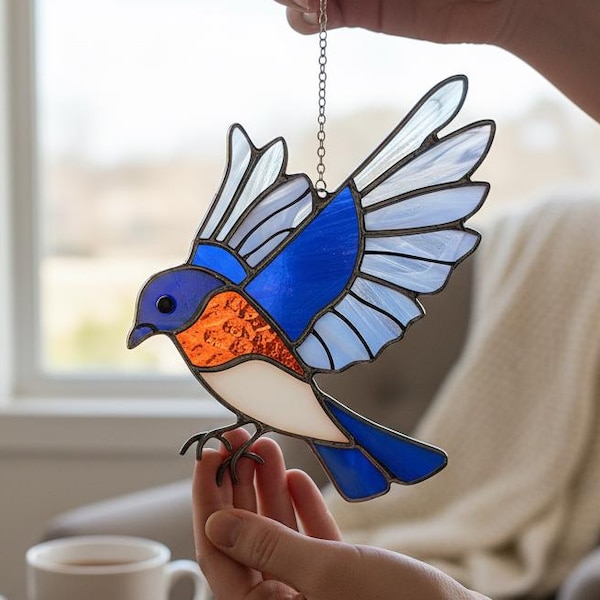 Stained Glass Bluebird, Handmade Gift for Mom, Living Room Decor, Bird suncatcher