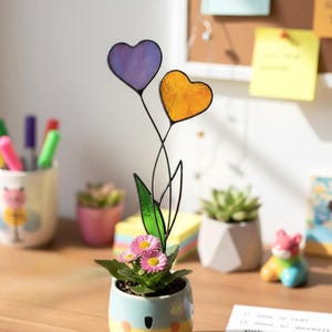 Handmade Stained Glass Heart Plant Stake • Flower Pot Accent • Unique Gift for Mom, Wife, Plant Lover • Birthday, Anniversary and Valentines