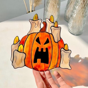 Halloween Pumpkin Ornament Spooky Suncatcher Halloween Home Decor, Gothic Pumpkin Candle Stained Glass Window Hangings, Pumpkin Decorations