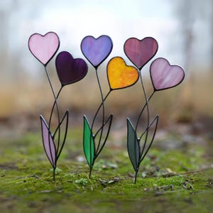 Handmade Stained Glass Heart Plant Stake: Valentine&#39;s Day Garden Decor