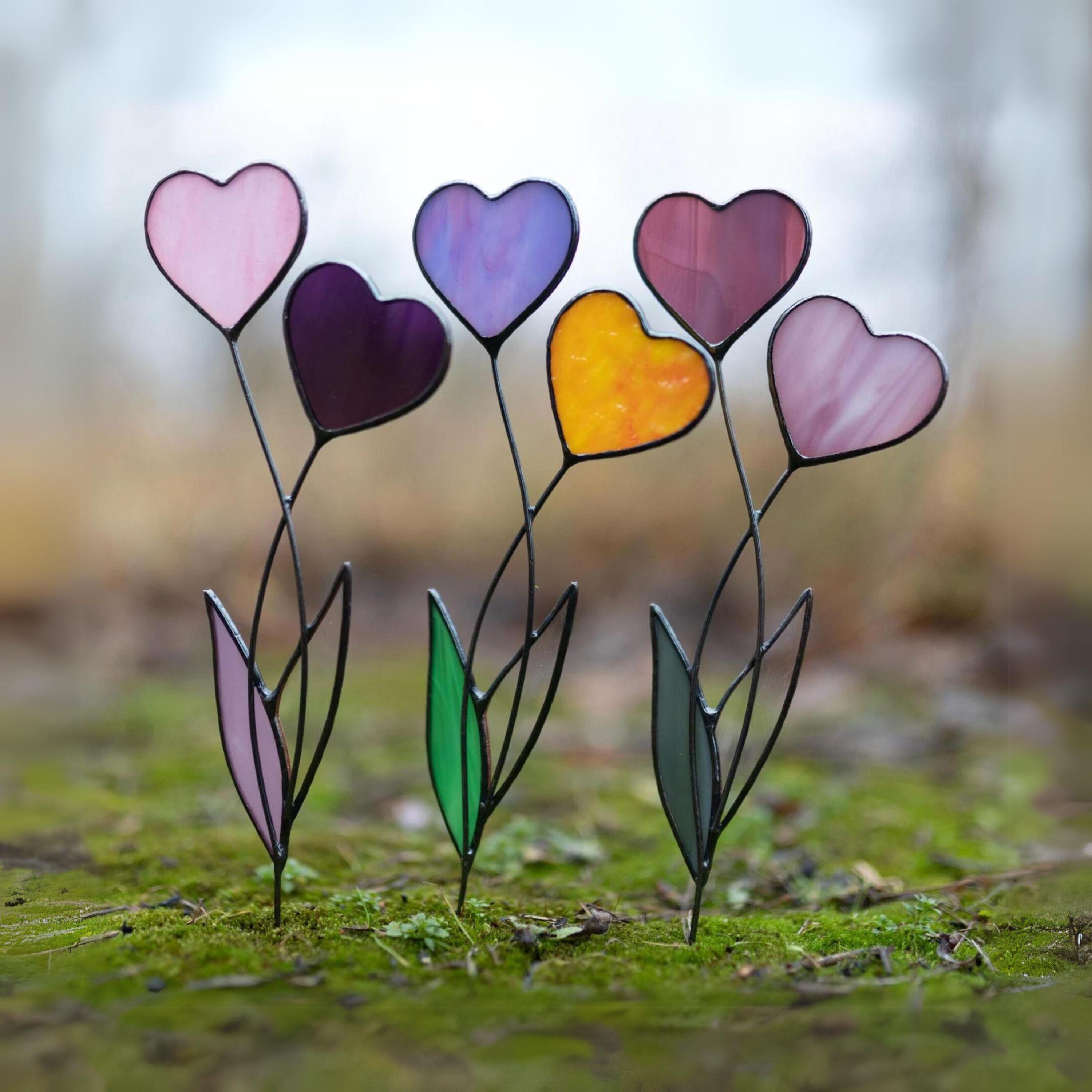Heart Stained Glass Plant Stakes • Handmade Garden Decor • Indoor