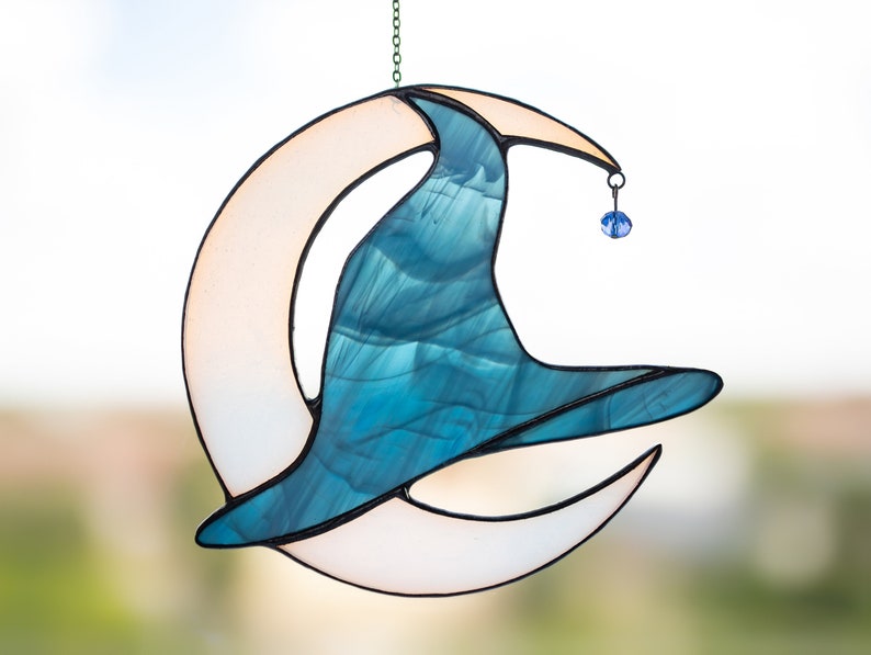 Hallowen Stained Glass Witch Hat Crescent Moon Window Etsy