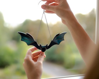 Gothic Stained Glass Bat Suncatcher, Halloween Window Hanging • Handmade Window Hang