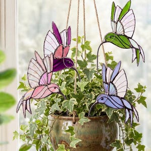 Cute Bird Plant Stakes Handmade from Stained Glass Plant Decor for Bird Lover, Gift for Mom Who Have Everything, Hummingbird Suncatcher image 1