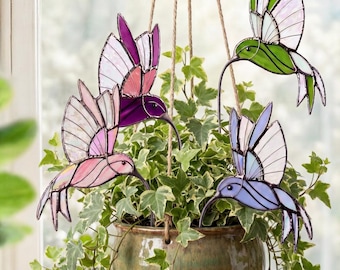 Cute Bird Plant Stakes Handmade from Stained Glass Plant Decor for Bird Lover, Gift for Mom Who Have Everything, Hummingbird Suncatcher