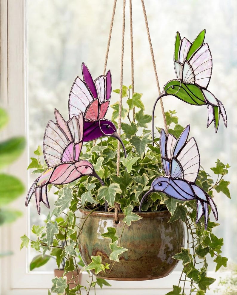 Cute Bird Plant Stakes Handmade from Stained Glass Plant Decor for Bird Lover, Gift for Mom Who Have Everything, Hummingbird Suncatcher image 1