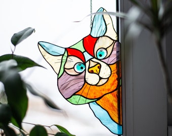 Stained Glass Cat Window Hangings - Unique Birthday Gifts for Mom - Peeking Cat Suncatcher