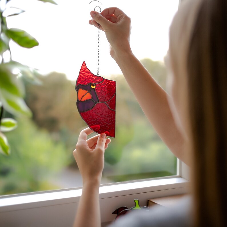 Red Cardinal Suncatcher Unique Gift for Father in law Stained Glass Window Hangings Cardinal Fathers Day gift from Daughter image 2