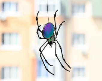Spider Stained Glass Suncatcher • Handmade Insect Window Hanging • Boho Home Accent • Unique Gift for Her and Him