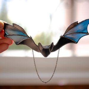 Halloween light catcher of stained glass bat, gothic garland indoor suncatcher decor, vintage spooky gift for friend