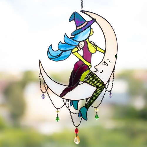Halloween Witch on Moon Decor Halloween Decor A Stained Glass Witch Suncatcher Window Hangings 