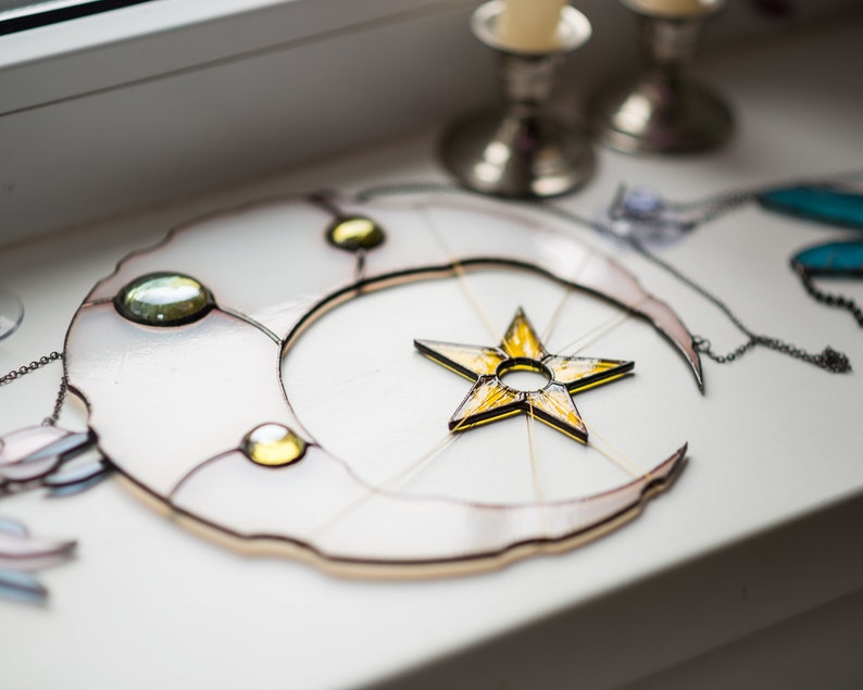 Stained Glass Moon Phase Wall Hanging Celestial Decor Moon Etsy