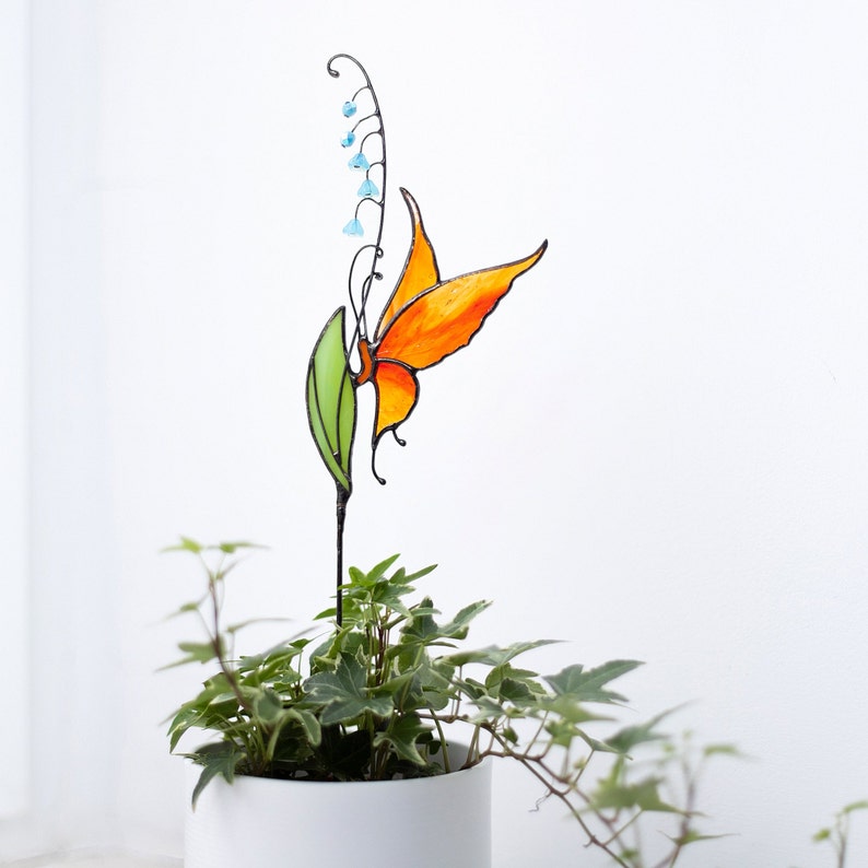 Stained glass Butterfly decor Garden stake and Suncatcher 2 in 1 Butterfly plant stake on metal rod Mothers day gift image 9