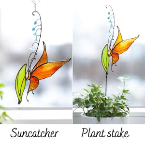 Butterfly Suncatcher and Stained Glass Plant Stakes Butterfly On The Leaf Window Hangings Plant Mom Gift Garden Stakes On Metal Rod image 2