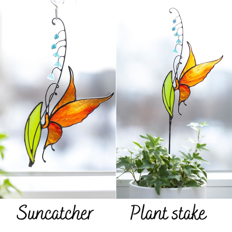 Butterfly Suncatcher and Stained Glass Plant Stakes Butterfly On The Leaf Window Hangings Plant Mom Gift Garden Stakes On Metal Rod image 2