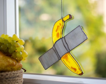 Duct-taped Banana suncatcher- Modern Stained Glass art - Yellow Fruit decor for kitchen - Boyfriend birthday gift - Dorm Bedroom Gift