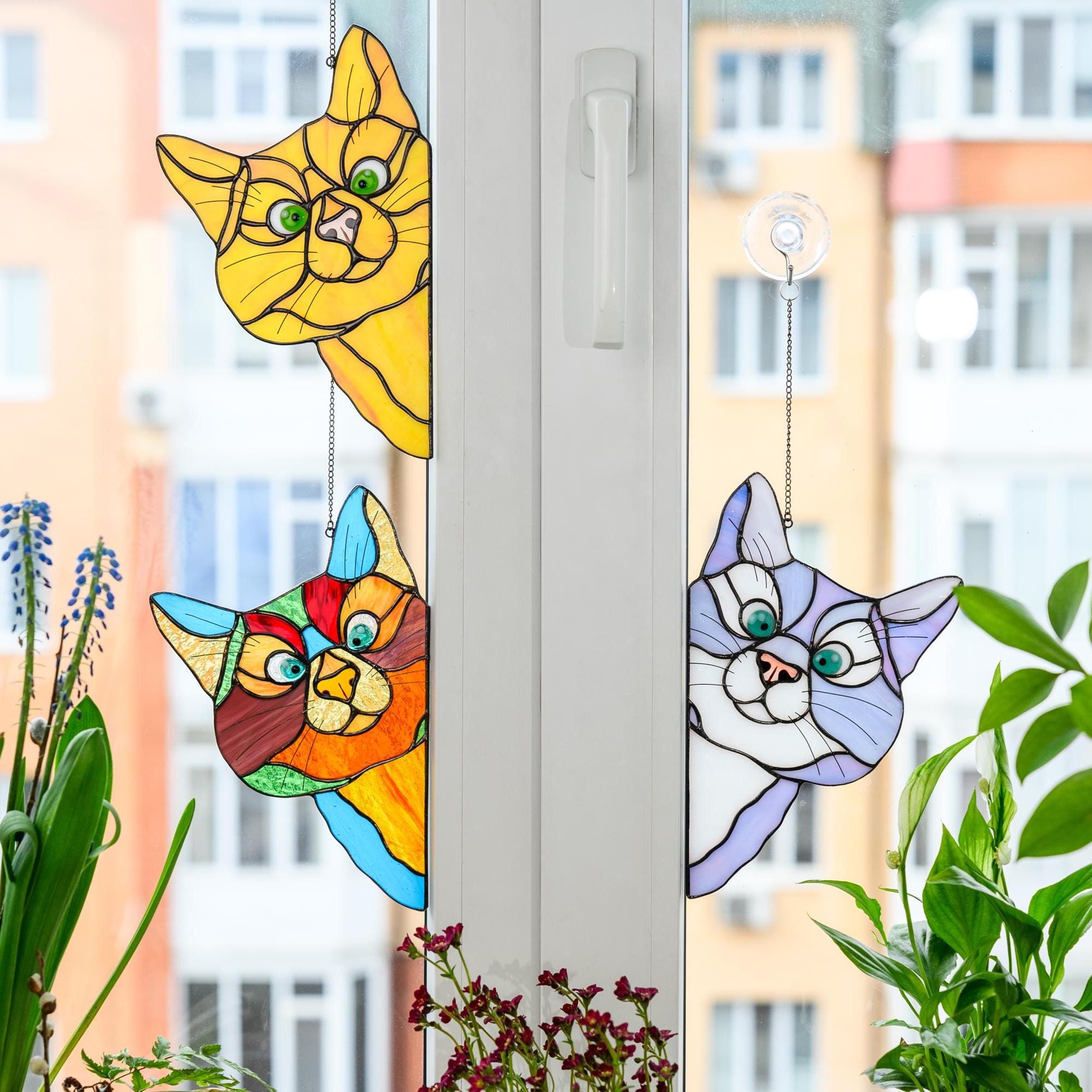 Acchiappasole In Vetro Colorato – 5 Gatti Su Ramo, Decorazione Per Finestre E Porte