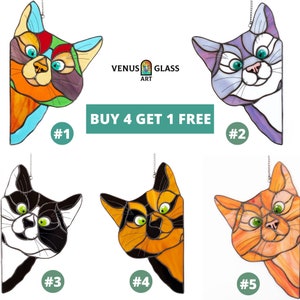 Glasmalerei-Katze, spähende Katze Sonnenfänger, Haustier Geschenke für Geburtstag, Fensterbehänge, Muttertagsgeschenke von Tochter, bestes Geschenk für sie 4+1 FREE (Any Color)