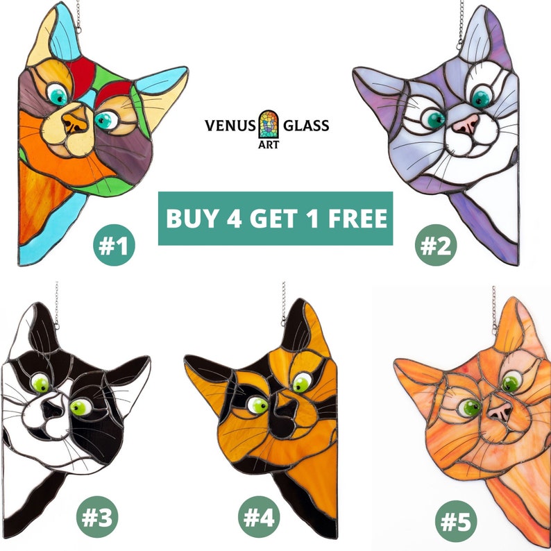 Glasmalerei-Katze, spähende Katze Sonnenfänger, Haustier Geschenke für Geburtstag, Fensterbehänge, Muttertagsgeschenke von Tochter, bestes Geschenk für sie 4+1 FREE (Any Color)