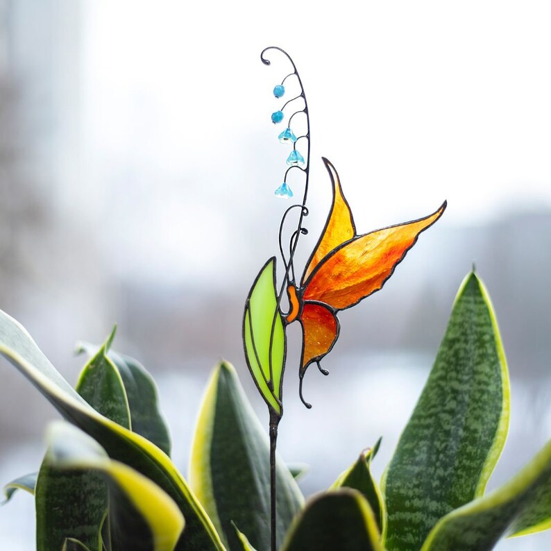 Butterfly Suncatcher and Stained Glass Plant Stakes Butterfly On The Leaf Window Hangings Plant Mom Gift Garden Stakes On Metal Rod image 1