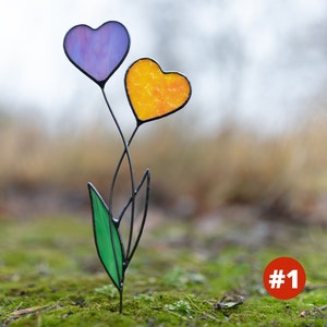 Stain glass heart plant stake, Valentines day gift, Heart garden stake, St Valentine decor image 3