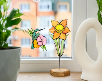 Estaca de planta de vitral de narciso • Decoración floral de vidrio hecha a mano • Flor de nacimiento de marzo