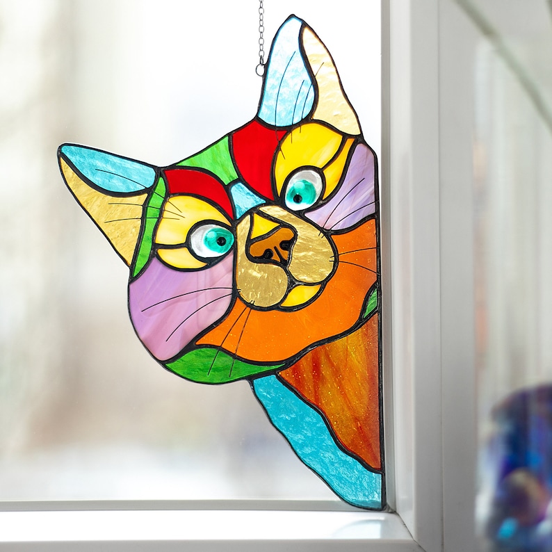 Glasmalerei-Katze, spähende Katze Sonnenfänger, Haustier Geschenke für Geburtstag, Fensterbehänge, Muttertagsgeschenke von Tochter, bestes Geschenk für sie #1 Multicolor