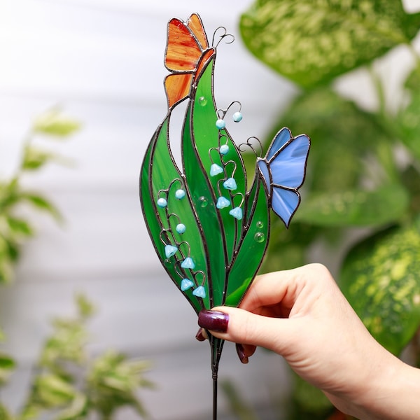 Mother’s Day Gift for Mom, Stained Glass Lily of the Valley Plant Stake with Butterfly, Glass Plant Decor for Pots, Garden Lover Gift